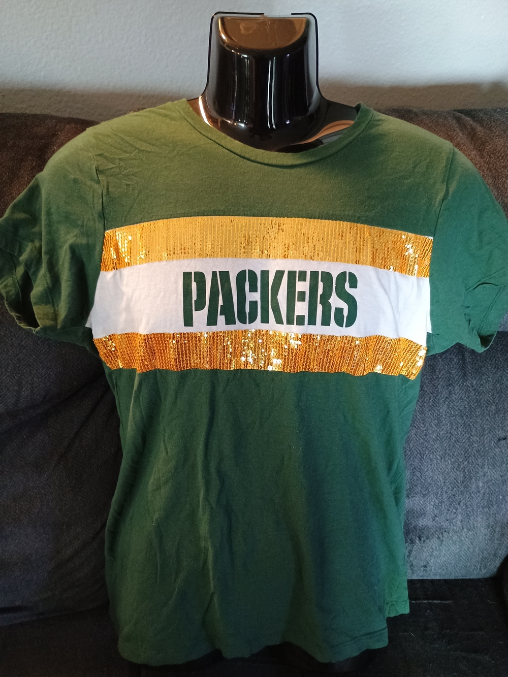 Green Bay Packers Majestic Women’s XL 16/18 Gold Sequin NFL T-Shirt Green